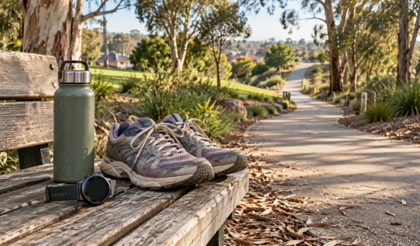 Walking shoes, fitness watch and water bottle on a bench beside a park path.