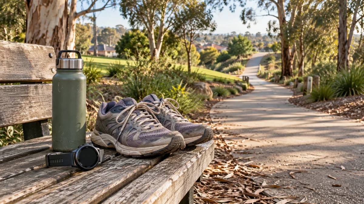 Walking shoes, fitness watch and water bottle on a bench beside a park path.